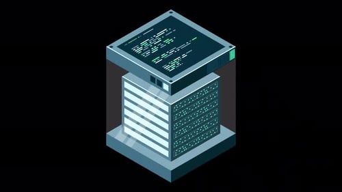 Isometric futuristic server animation. Isometric database or data center. Abstract blockchain