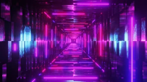 Tunnel au néon, effet de lumière pour votre musique. Animation en boucle. Lignes fluo en rose. boucle VJ. Animation en boucle