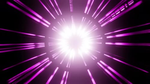 Bright flash of light from one purple point on black background, overlay 3D render. Big bang