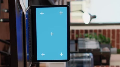 Vertical Video Nobody in Company Office with Greenscreen Template on Laptop