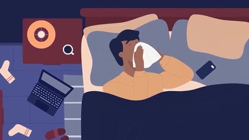 Sick Person Sneezing in Bed Flat Design Animation