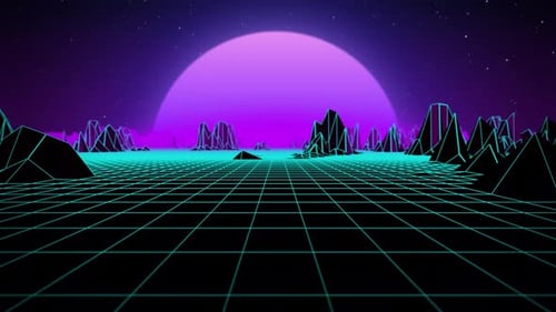 Trendiger futuristischer Retro-Hintergrund mit Wüstenlandschaft und glänzendem Sonnenuntergang