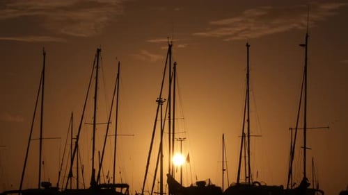Mástiles de barcos deportivos al atardecer