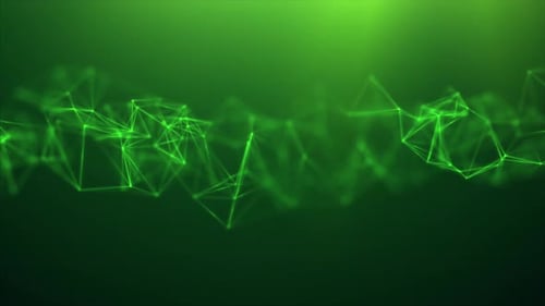 Abstract background of green plexus connected by lines and dots, nodes. Smooth looped motion scienti