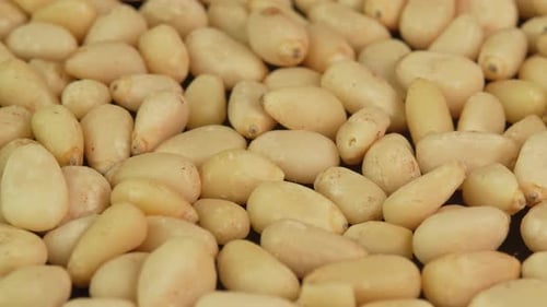 Peeled pine nuts are rotating in macro backdrop. Pine nut kernels close up. Healthy nut