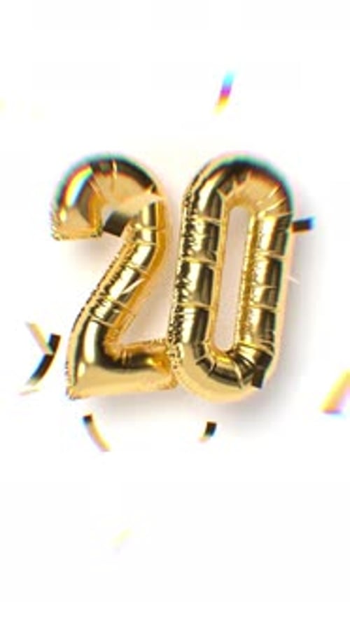 Golden Number 20 Balloon with Festive Confetti Animation
