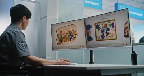 Security Agent Inspecting Luggage at Airport Security Checkpoint