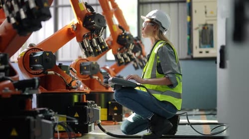 Female Engineer with Digital Tablet Examining Machine Equipment