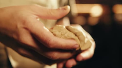 Woman Potter Works with Clay on Master Class in Studio Working Process in Ceramic Workshop Potter