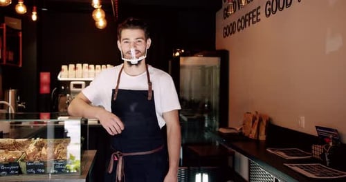 Business Owner Standing at Bar Young Guy Smiling During Work in Coffee Shop