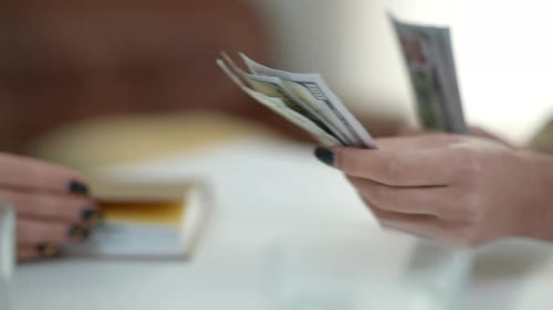 Closeup Side View Female Hands Passing Cash Money Over Table Leaving