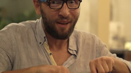 Happy, Funny Man Talking to Camera and Eating Meal in Cafe Adult