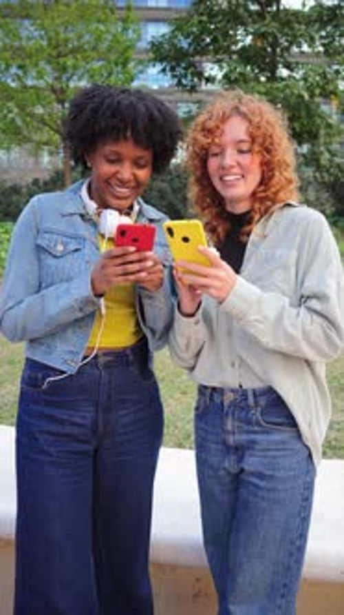 Two young women enjoy a sunny day looking at phones