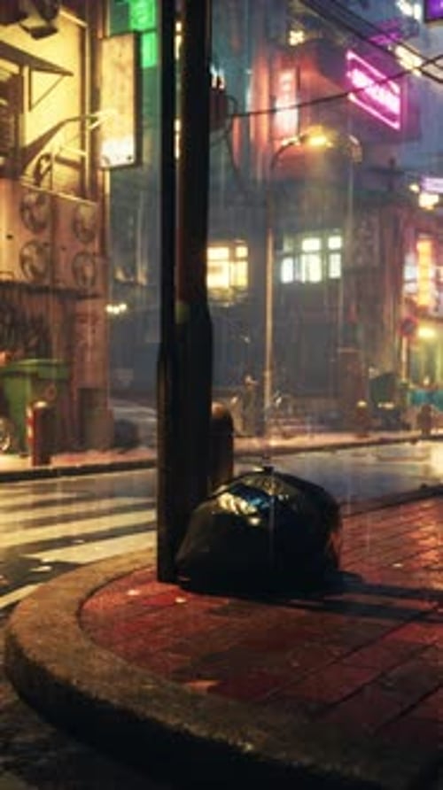 Rainy Night in a Small Asian Town