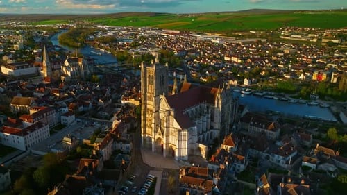 Aerial View of the Medieval City of Auxerre SaintEtienne's Cathedral France