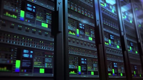 Server Racks with Animated Data Displays and Blinking Lights