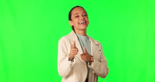 Woman, laughing and pointing at you, green screen and choice, hand gesture