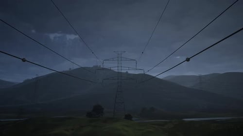 The High Voltage Electricity Tower And The Thunder On Night Dark Sky