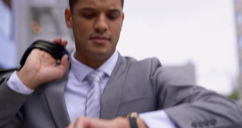 Business man, street and late with running, speed or rush to work in city, metro and stress