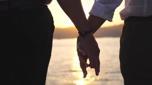 Silhouette of Male and Female Hands Holding Each Other at Sunset Against an Sea Background Young