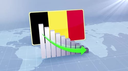 Belgium Flag With Decrease Bar Chart Graph And Arrow Green
