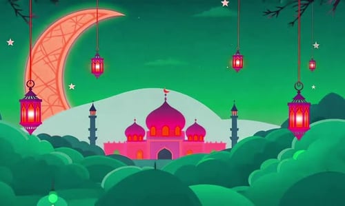 Ramadan Eid Celebration Flat Design Mosque and Lanterns Animation