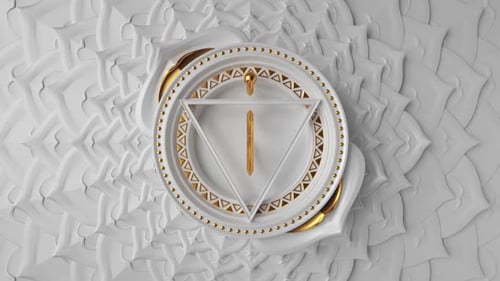 Símbolo 3D do chakra raiz girando sobre fundo branco.