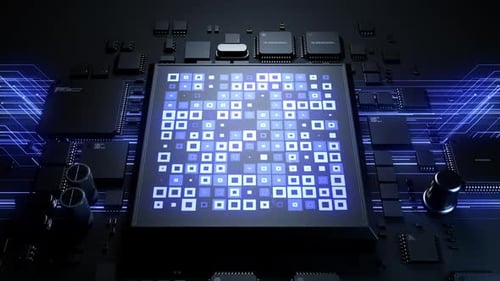 A chip on a surface with the effect of a computing process in close-up. Dynamic animation