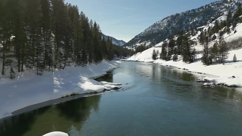 Aerial view of the Snake River during winter in Wyoming