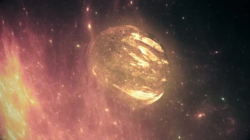 Rotating Fiery Lava Planet in Sparkling Cosmic Nebula Background