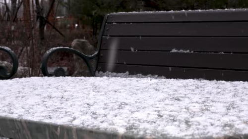 Snow in a park with benches and table