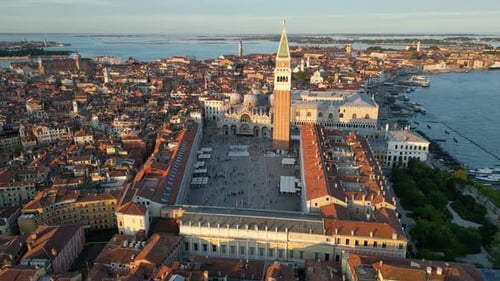 Venice City Aerial View of St Mark's Square Basilica and Doge's Palace Italy