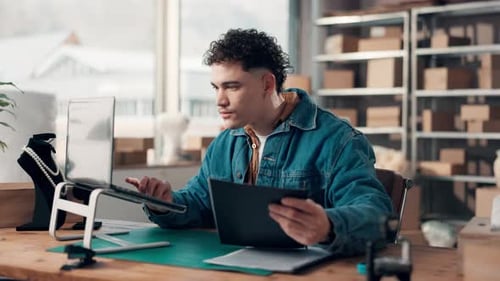 Paperwork, laptop and man for supply chain, shipping and logistics business in office