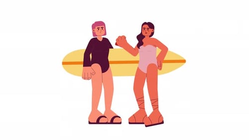 Diverse surfer girls with surfboard on beach cartoon animation