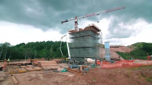 Road Bridge Support Building Site with Construction Crane