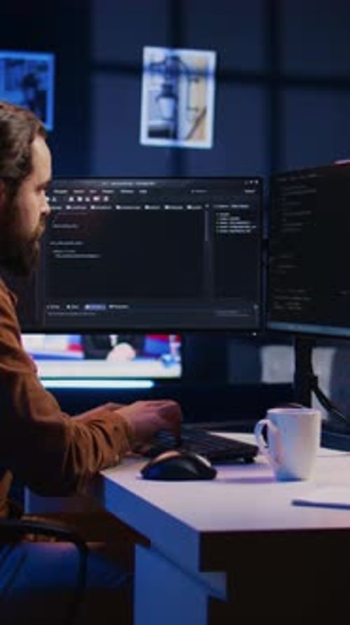 IT-Spezialist sitzt am Computertisch und arbeitet am Desktop-PC