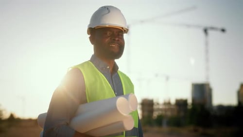 Foreman or Architect in Construction Site Portrait of African American Man City Construction and