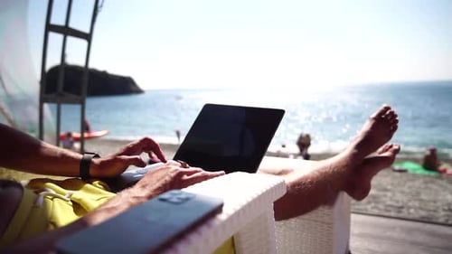 Man Laptop Sea Working Remotely on Seashore Happy Successful Man Male Freelancer Working on Laptop