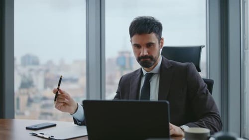 Bearded Boss Looking Computer Screen Signing Work Document Close Up Man Office
