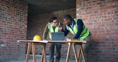 Architect, ideas and men with laptop on construction site, teamwork or plan for property