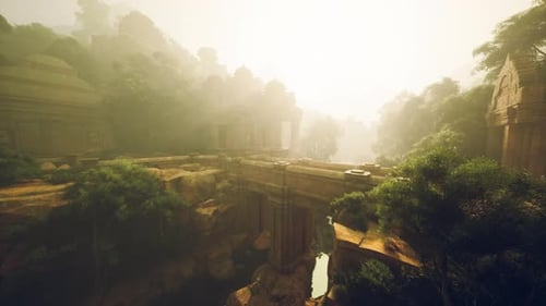 Landscape Displaying Historic Structures Amid Vibrant Forest