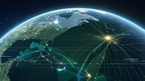 Rotierender technologischer Planet, der von einem digitalen Netzwerk abgedeckt wird