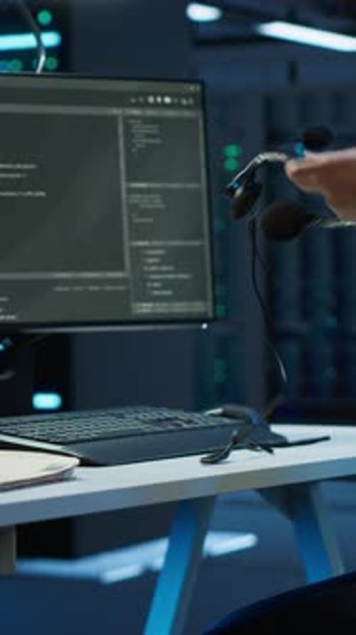 Vertical Video Server Hub Workers Carrying Out Operational Technical Interventions Close Up