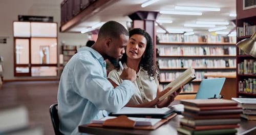 Man, woman and help in university library for research, education and knowledge with team project