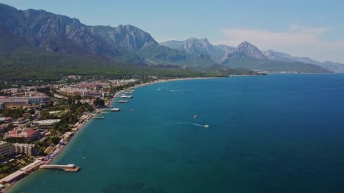 Aerial view of of coastal area of Kemer, Turkish beach resort city.