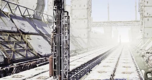 Futuristic Sci-Fi Industrial Corridor with Train Tracks