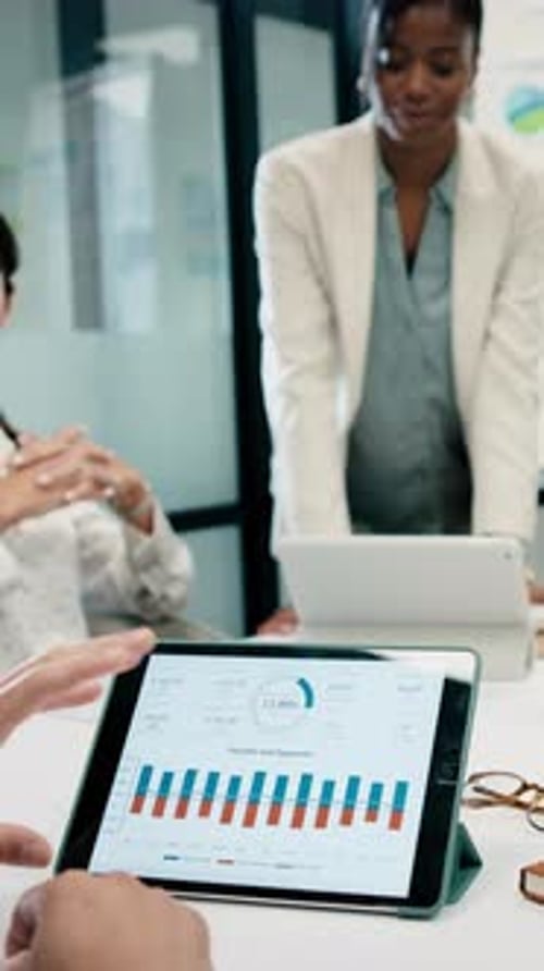 Hands, meeting and business people in office with tablet screen, stats and forecasting for revenue
