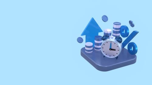 Business Growth Animation with Clock, Money, Arrow, Percent and Copy Space.