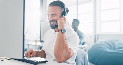 Call center, computer and business man smile in telemarketing chat, customer services or consulting