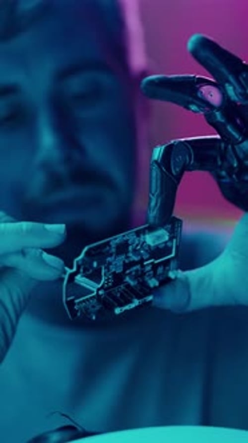 Robotics Engineer Working on Microchip with Robotic Arm